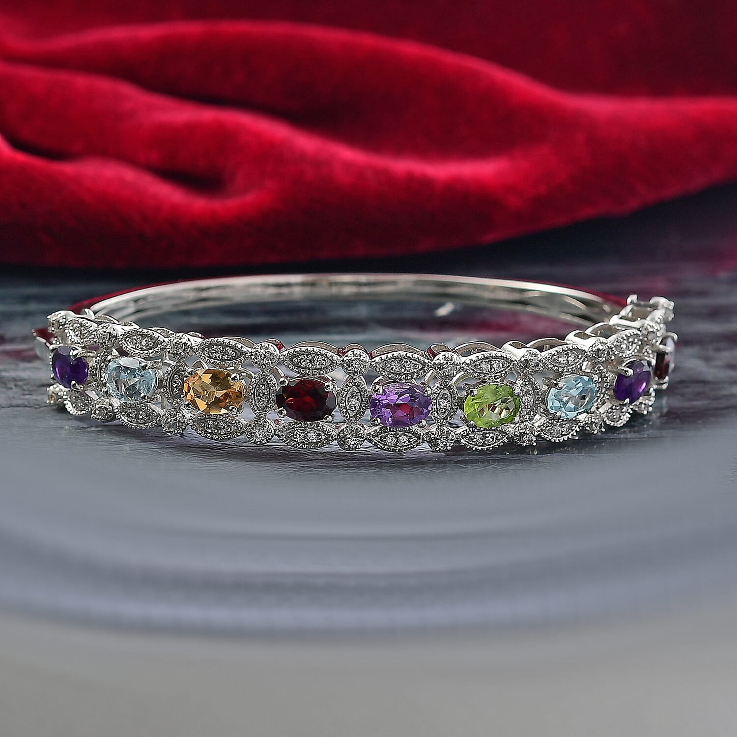 EverTrue Multi Gemstone 8.70 ctw Bangle Bracelet in Platinum Bond (7.25 In)