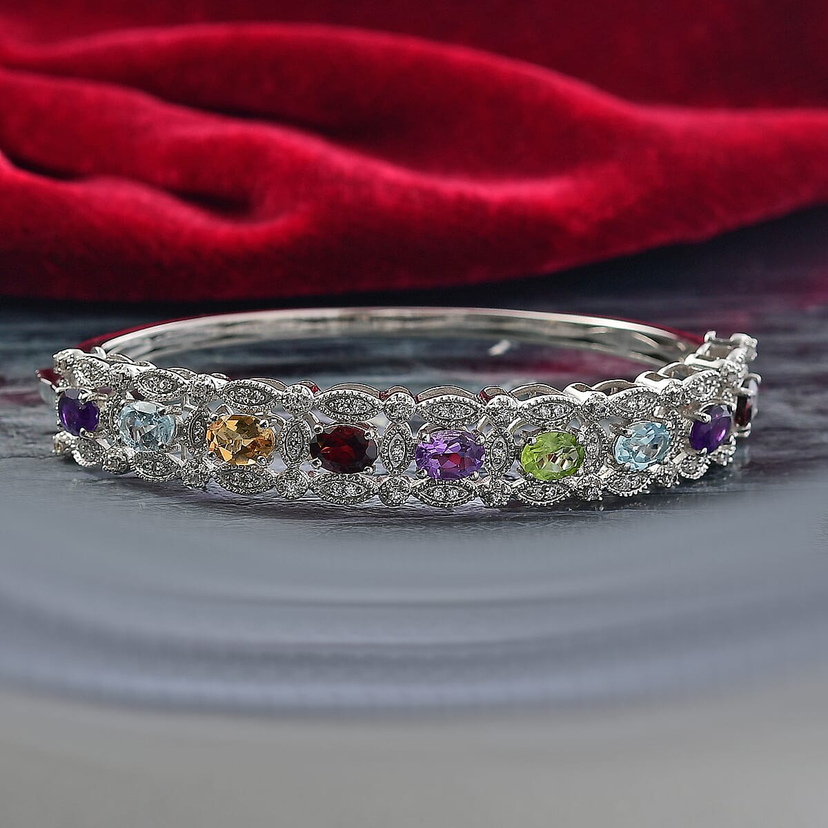 EverTrue Multi Gemstones 8.70 ctw Bangle Bracelet in Platinum Bond (7.25 In)  image number 1