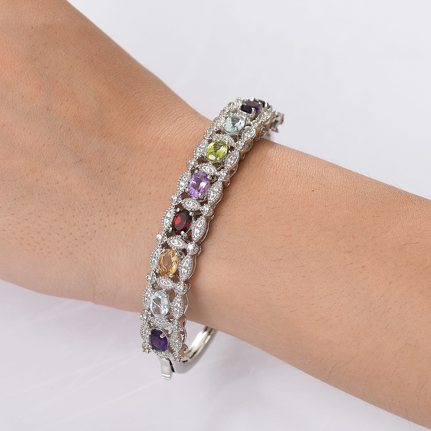EverTrue Multi Gemstone 8.70 ctw Bangle Bracelet in Platinum Bond (7.25 In)