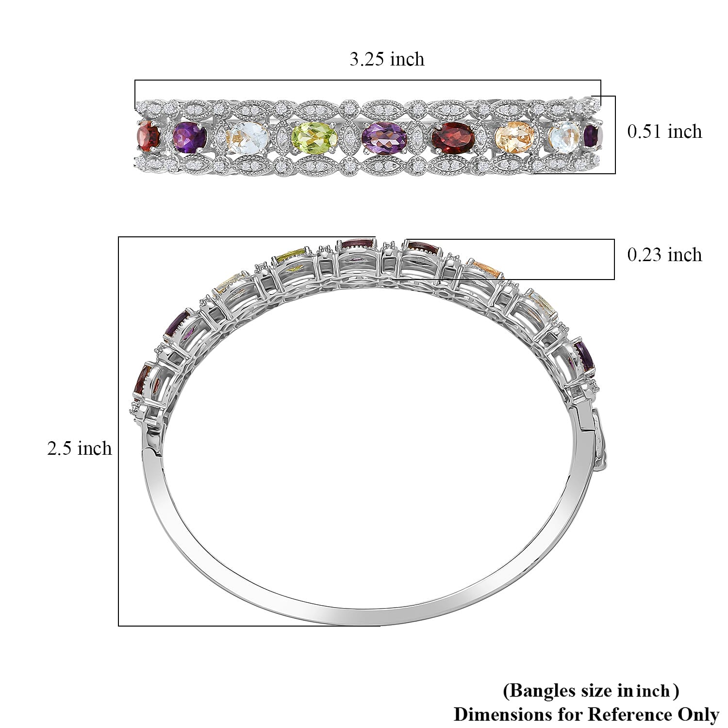 EverTrue Multi Gemstone 8.70 ctw Bangle Bracelet in Platinum Bond (7.25 In)