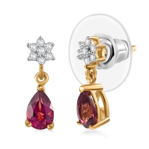 D'Joy Tanzanian Wine Garnet and Moissanite 1.15 ctw Floral Drop Earrings in 18K Vermeil Yellow Gold Over Sterling Silver