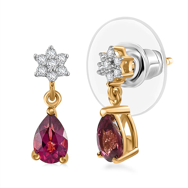D'Joy Tanzanian Wine Garnet and Moissanite 1.15 ctw Floral Drop Earrings in 18K Vermeil Yellow Gold Over Sterling Silver
