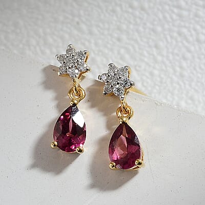 D'Joy Tanzanian Wine Garnet and Moissanite 1.15 ctw Floral Drop Earrings in 18K Vermeil Yellow Gold Over Sterling Silver