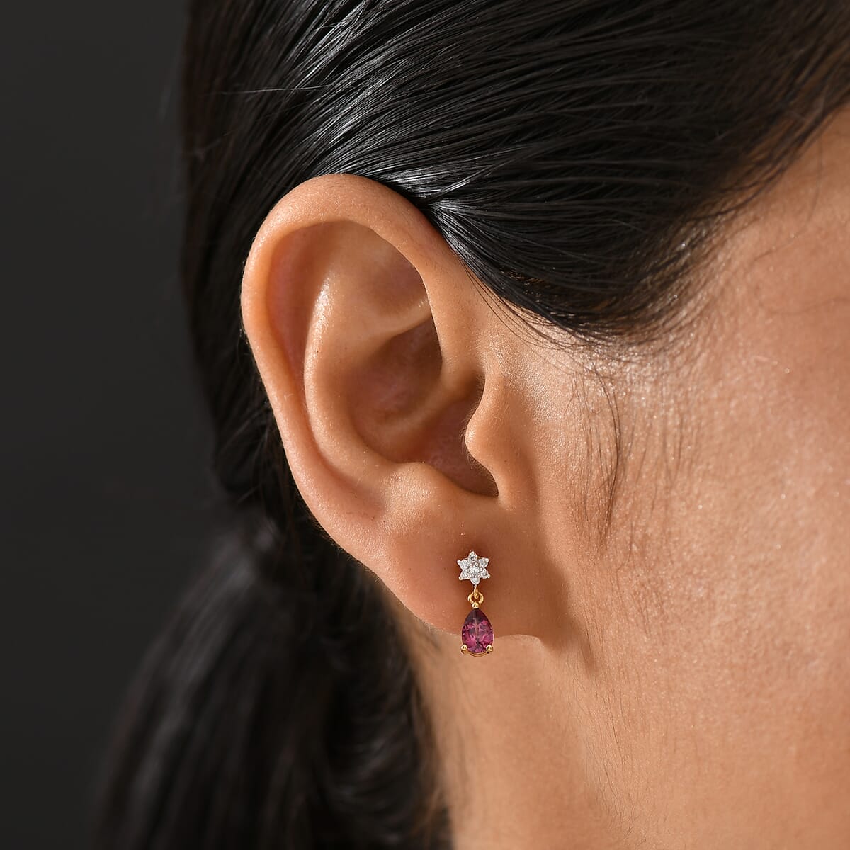 D'Joy Tanzanian Wine Garnet and Moissanite 1.15 ctw Floral Drop Earrings in 18K Vermeil Yellow Gold Over Sterling Silver image number 2