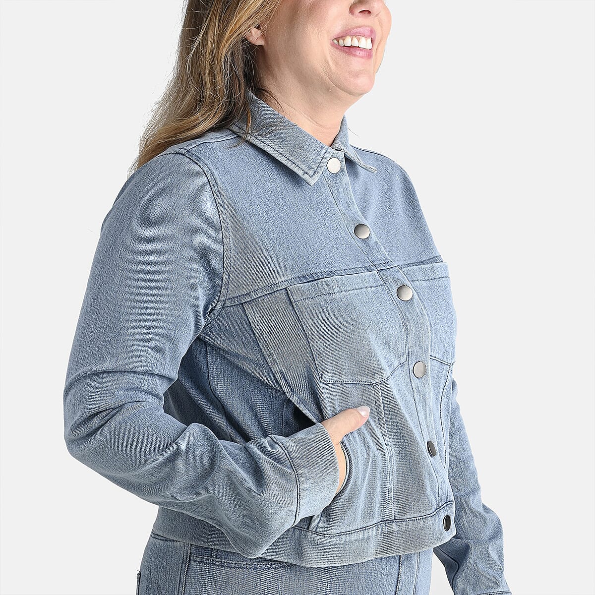 Comfort Oasis Light Wash Denim Cotton Blend Stretch Knit Jacket - L image number 3