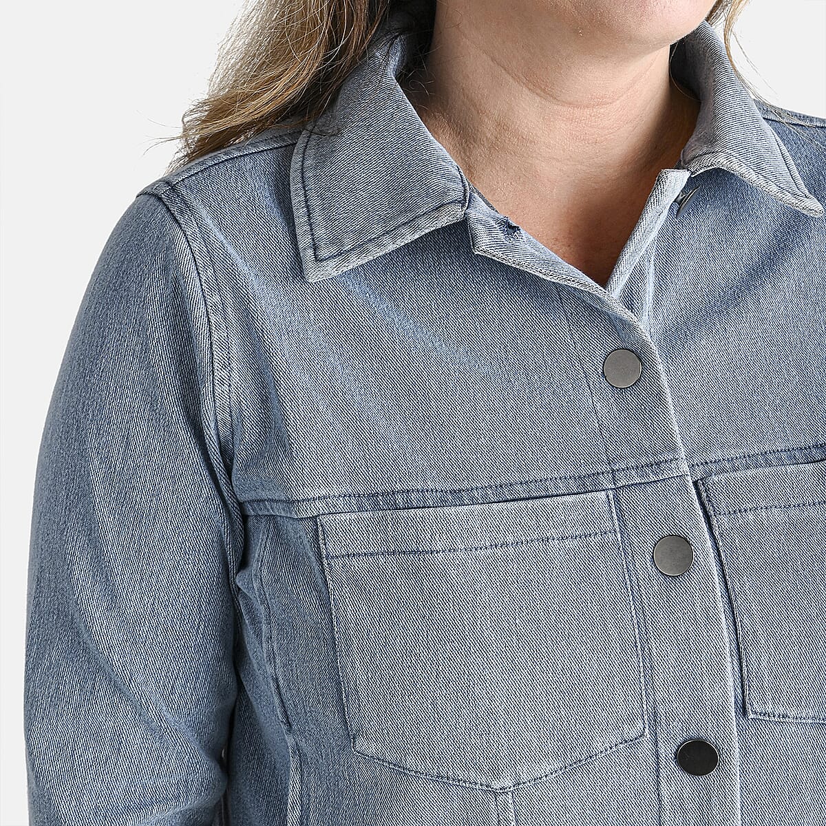Comfort Oasis Light Wash Denim Cotton Blend Stretch Knit Jacket - L image number 4