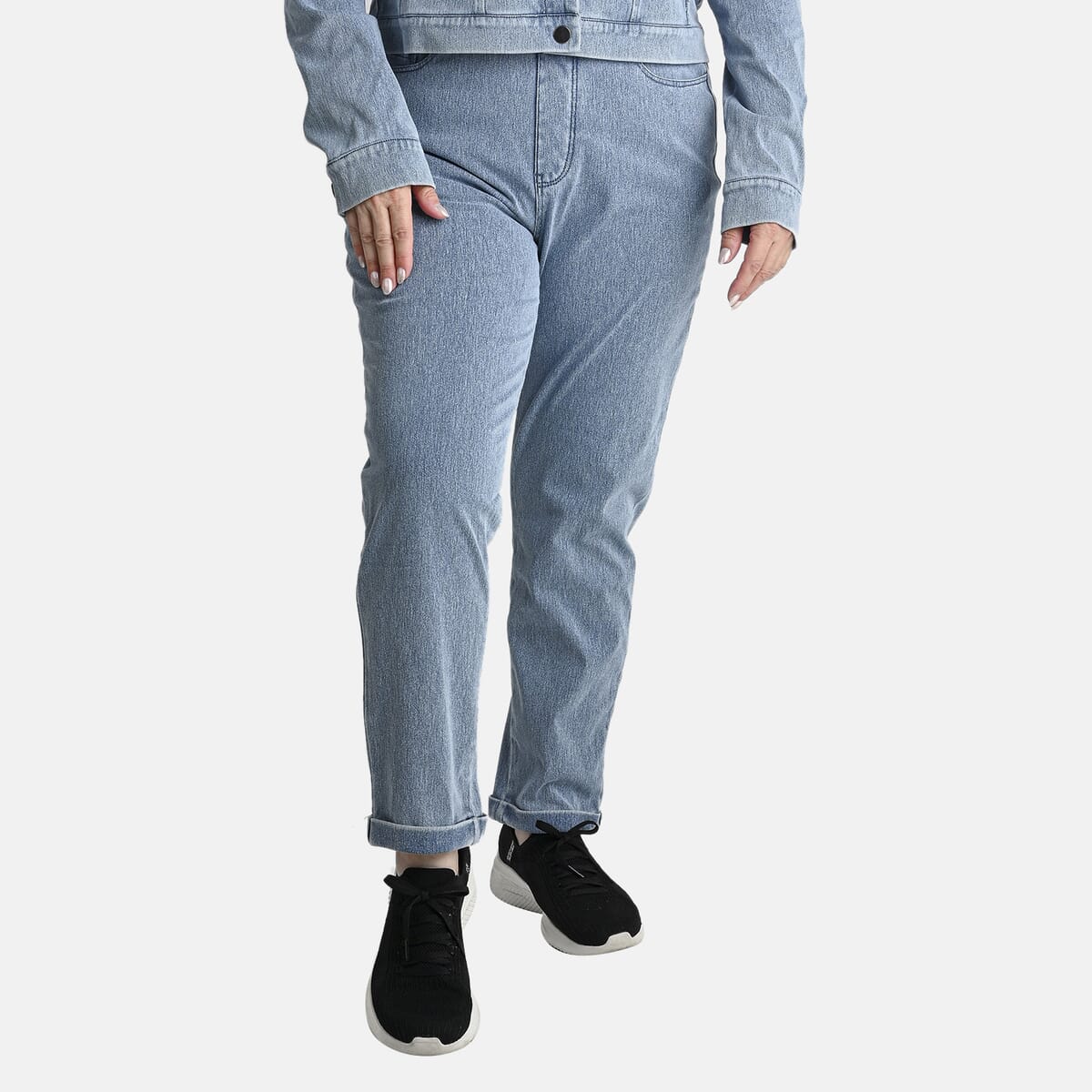 Comfort Oasis Light Wash Denim Cotton Blend Stretch Knit Pant - L image number 0