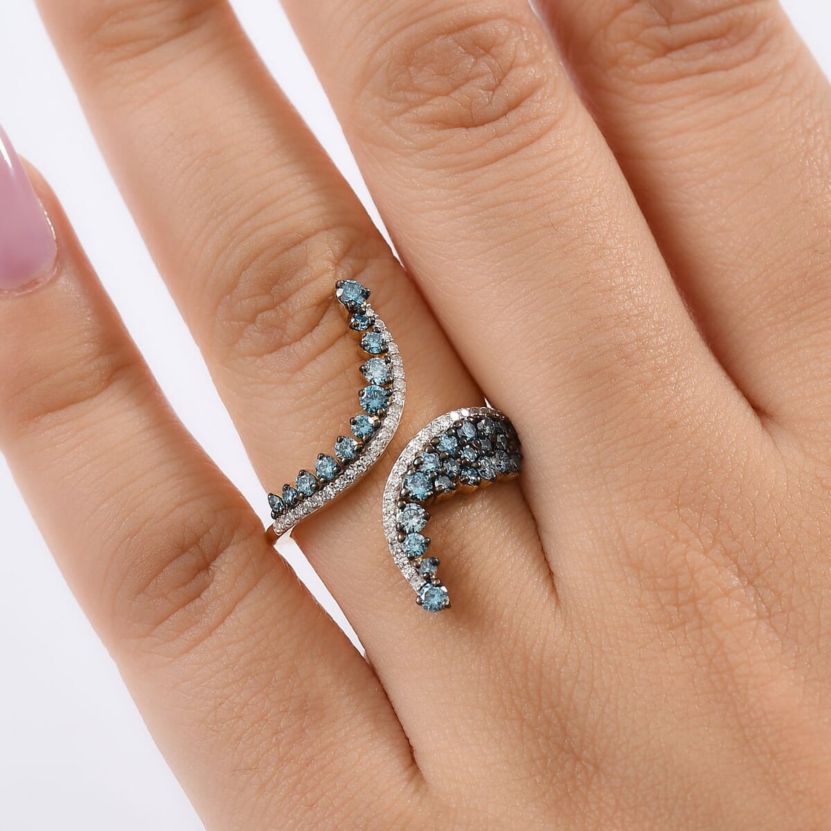 Luxuriant Lab Grown Blue and White Diamond SI 1.00 ctw Twilight Vine Ring in 18K Vermeil Yellow Gold Over Sterling Silver (Size 10.0) image number 2