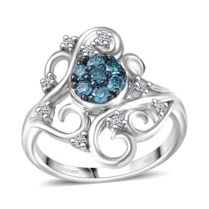 Luxuriant Lab Grown Blue and White Diamond SI 0.50 ctw Frosted Bloom Ring in Rhodium Over Sterling Silver (Size 10.0) 0