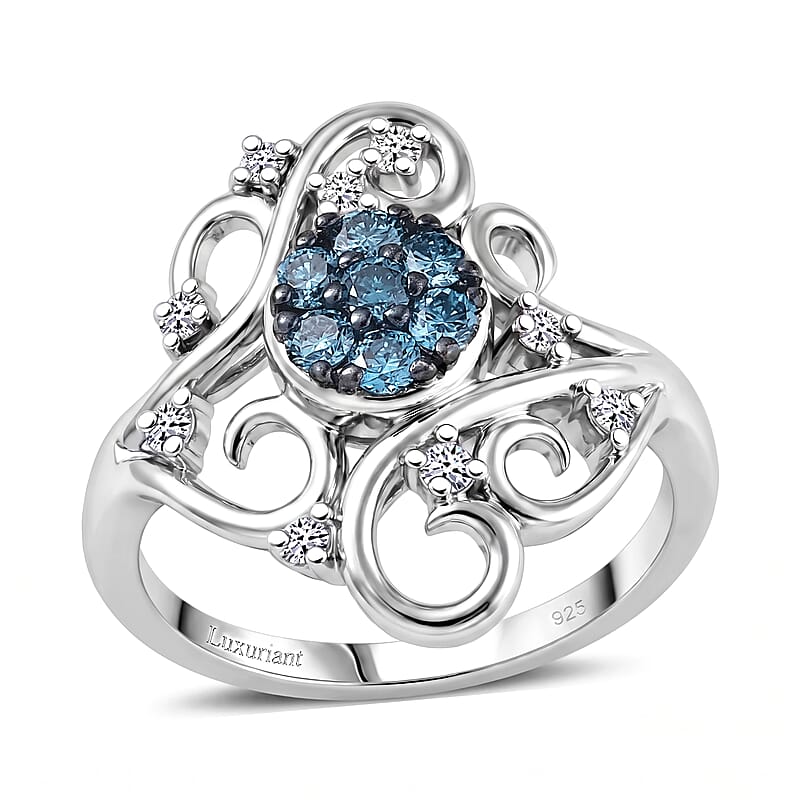Luxuriant Lab Grown Blue Diamond (IR) (SI) and Lab Grown Diamond 0.50 ctw Frosted Bloom Ring in Rhodium Over Sterling Silver (Size 10.0)