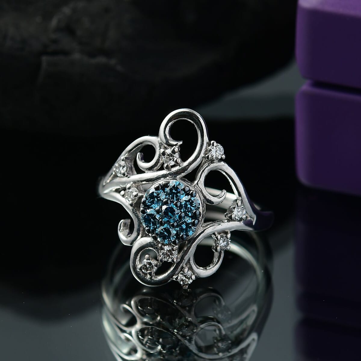 Luxuriant Lab Grown Blue and White Diamond SI 0.50 ctw Frosted Bloom Ring in Rhodium Over Sterling Silver (Size 6.0) image number 1