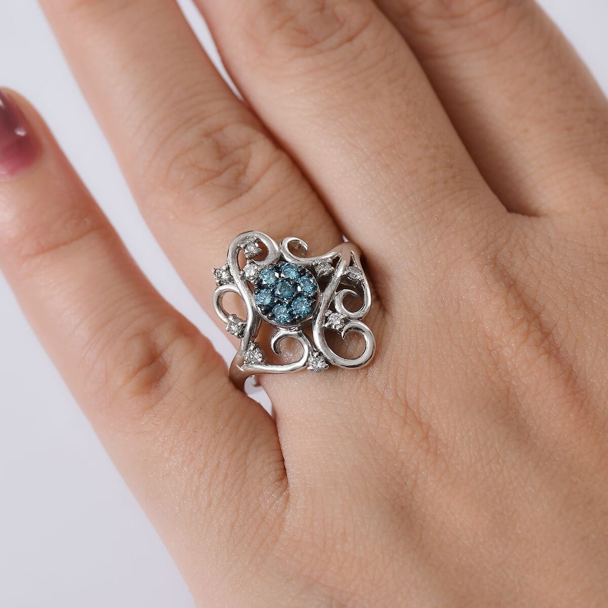 Luxuriant Lab Grown Blue and White Diamond SI 0.50 ctw Frosted Bloom Ring in Rhodium Over Sterling Silver (Size 6.0) image number 2
