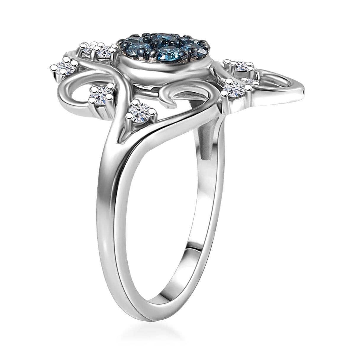 Luxuriant Lab Grown Blue and White Diamond SI 0.50 ctw Frosted Bloom Ring in Rhodium Over Sterling Silver (Size 6.0) image number 3