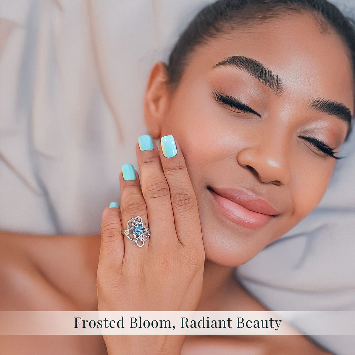 Luxuriant Lab Grown Blue Diamond (IR) (SI) and Lab Grown Diamond 0.50 ctw Frosted Bloom Ring in Rhodium Over Sterling Silver (Size 7.0) image number 1