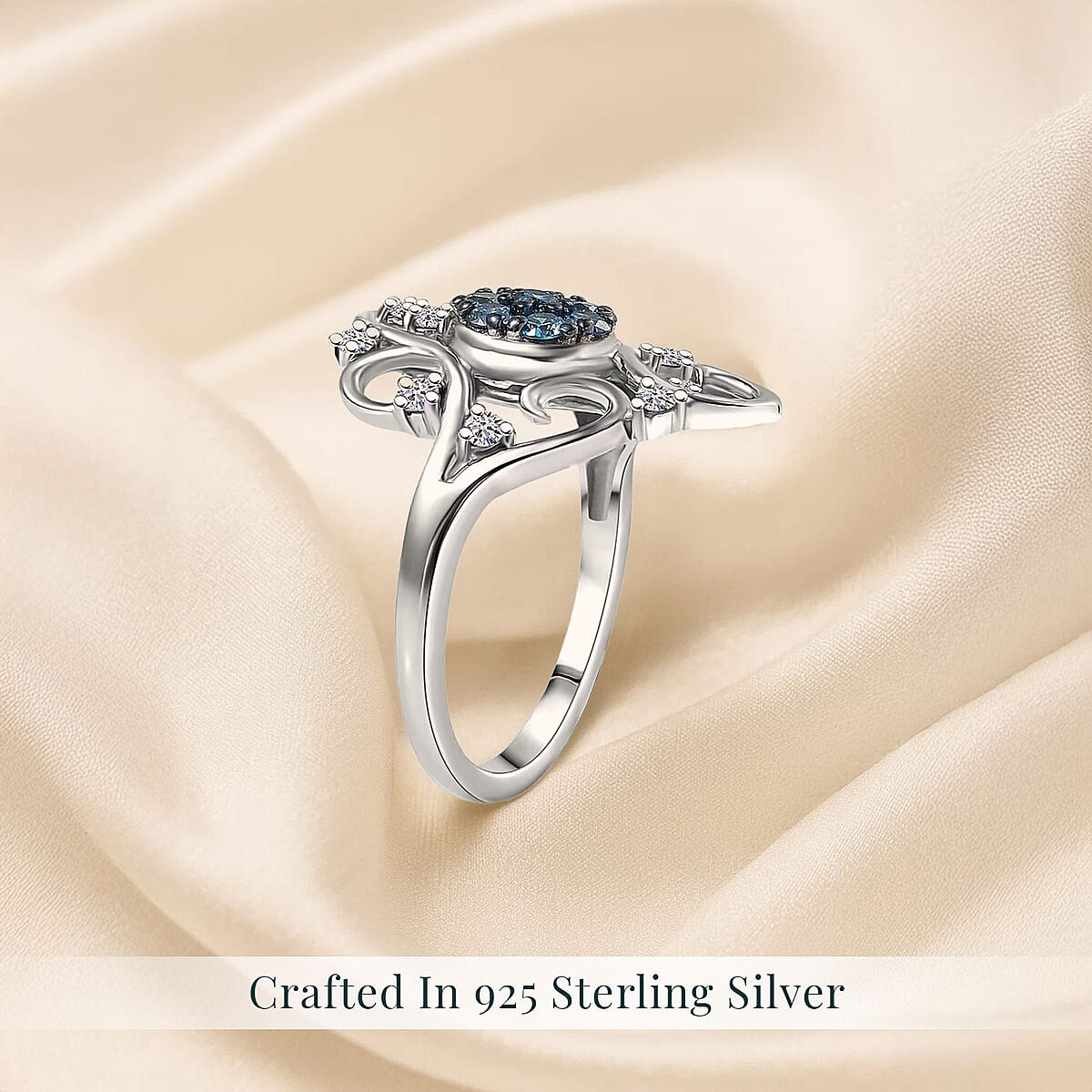 Luxuriant Lab Grown Blue Diamond (IR) (SI) and Lab Grown Diamond 0.50 ctw Frosted Bloom Ring in Rhodium Over Sterling Silver (Size 7.0) image number 2