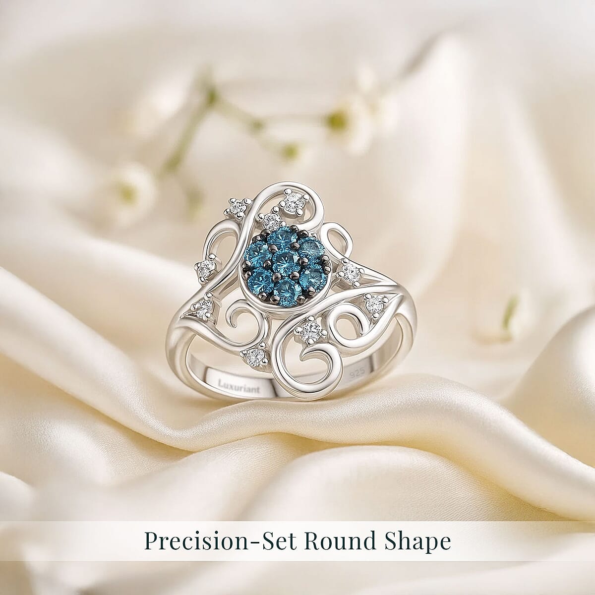 Luxuriant Lab Grown Blue Diamond (IR) (SI) and Lab Grown Diamond 0.50 ctw Frosted Bloom Ring in Rhodium Over Sterling Silver (Size 7.0) image number 4