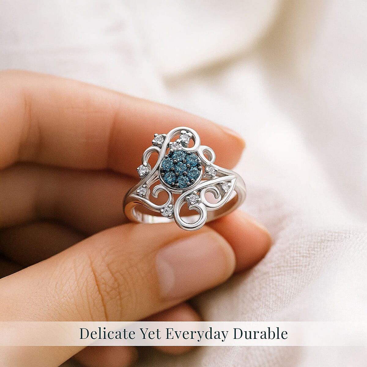 Luxuriant Lab Grown Blue Diamond (IR) (SI) and Lab Grown Diamond 0.50 ctw Frosted Bloom Ring in Rhodium Over Sterling Silver (Size 7.0) image number 5
