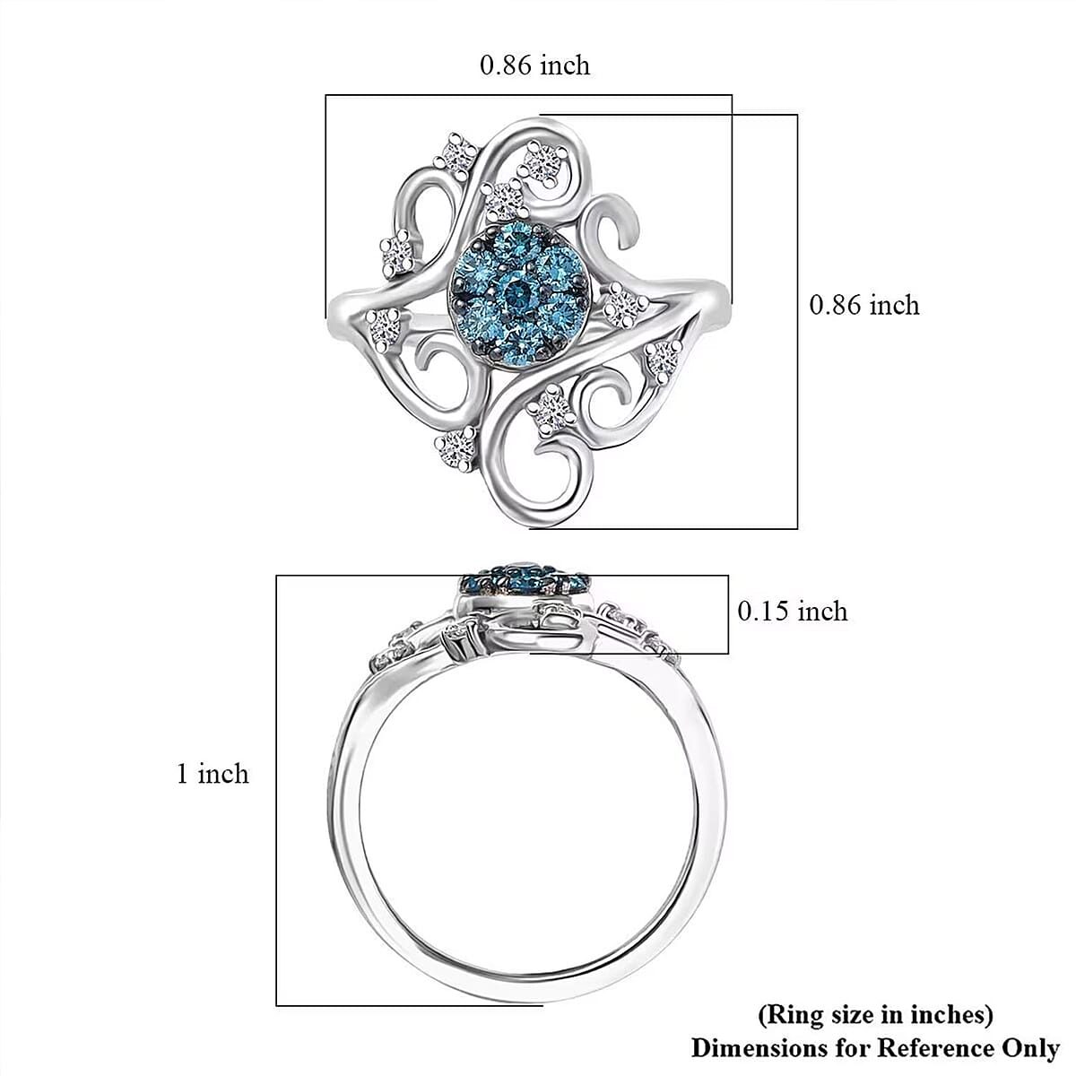Luxuriant Lab Grown Blue Diamond (IR) (SI) and Lab Grown Diamond 0.50 ctw Frosted Bloom Ring in Rhodium Over Sterling Silver (Size 7.0) image number 6