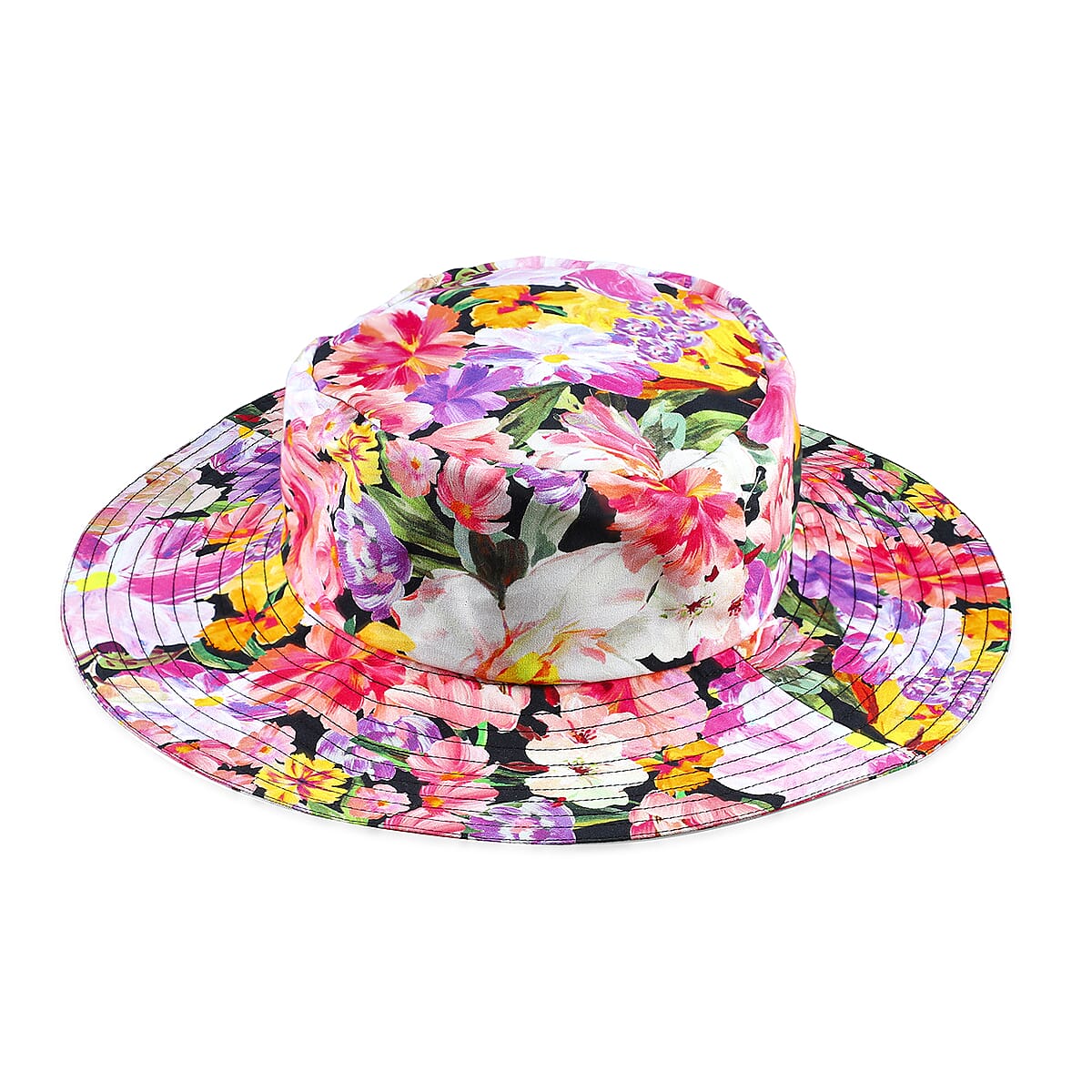 Black Floral Printed Cotton Poplin Hat with Solid Lining image number 1