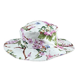 White Floral Printed Cotton Poplin Hat with Solid Lining