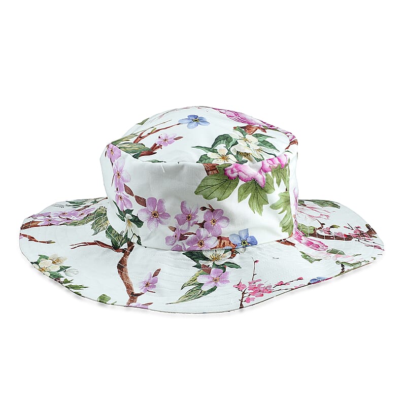 White Floral Cotton Poplin Woven Bucket Hat - One Size Fits Most