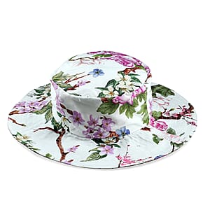 White Floral Cotton Poplin Woven Bucket Hat - One Size Fits Most