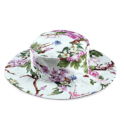 White Floral Cotton Poplin Woven Bucket Hat - One Size Fits Most