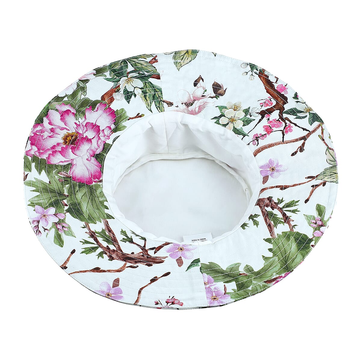 White Floral Printed Cotton Poplin Hat with Solid Lining image number 2