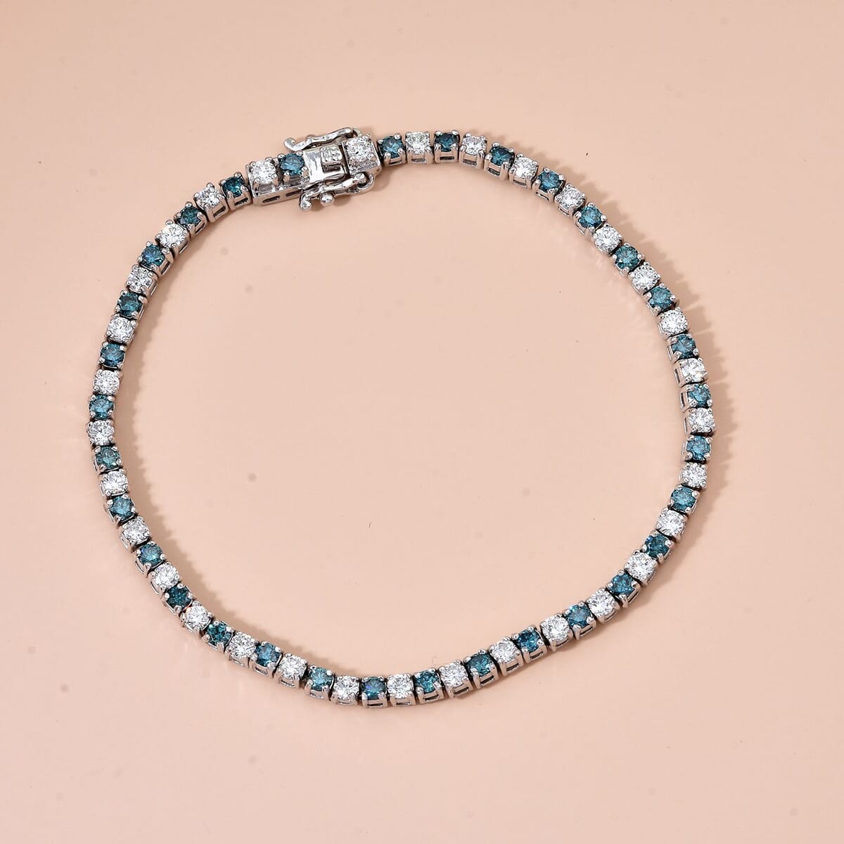 Luxuriant Lab Grown Blue and White Diamond SI 3.00 ctw Midnight Ice Bracelet in Rhodium Over Sterling Silver (6.50 In) image number 1