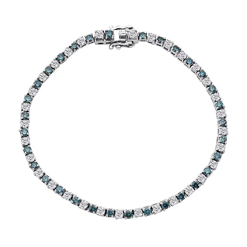 Luxuriant Lab Grown Blue Diamond (IR) and Lab Grown White Diamond (SI) 3.35 ctw Midnight Ice Bracelet in Rhodium Over Sterling Silver (7.25 In)