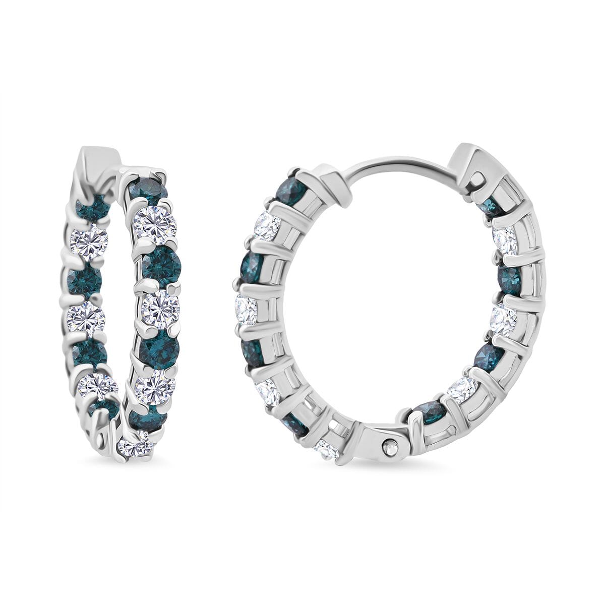Luxuriant Lab Grown Blue and White Diamond SI 1.85 ctw Midnight Ice Hoop Earrings in Rhodium Over Sterling Silver image number 0