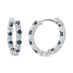 Luxuriant Lab Grown Blue and White Diamond SI 1.85 ctw Midnight Ice Hoop Earrings in Rhodium Over Sterling Silver