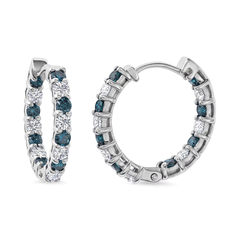 Luxuriant Lab Grown Blue Diamond (IR) and Lab Grown White Diamond SI 1.85 ctw Midnight Ice Inside Out Hoop Earrings in Rhodium Over Sterling Silver