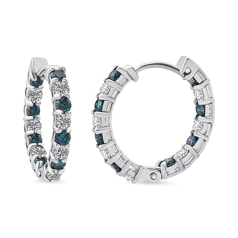 Luxuriant Lab Grown Blue Diamond (IR) and Lab Grown White Diamond SI 1.85 ctw Midnight Ice Hoop Earrings in Rhodium Over Sterling Silver