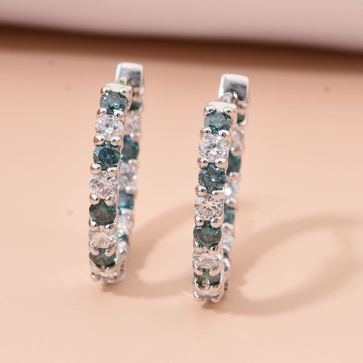 Luxuriant Lab Grown Blue and White Diamond SI 1.85 ctw Midnight Ice Hoop Earrings in Rhodium Over Sterling Silver image number 1
