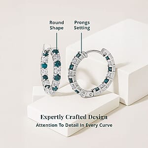 Luxuriant Lab Grown Blue Diamond (IR) and Lab Grown White Diamond SI 1.85 ctw Midnight Ice Hoop Earrings in Rhodium Over Sterling Silver