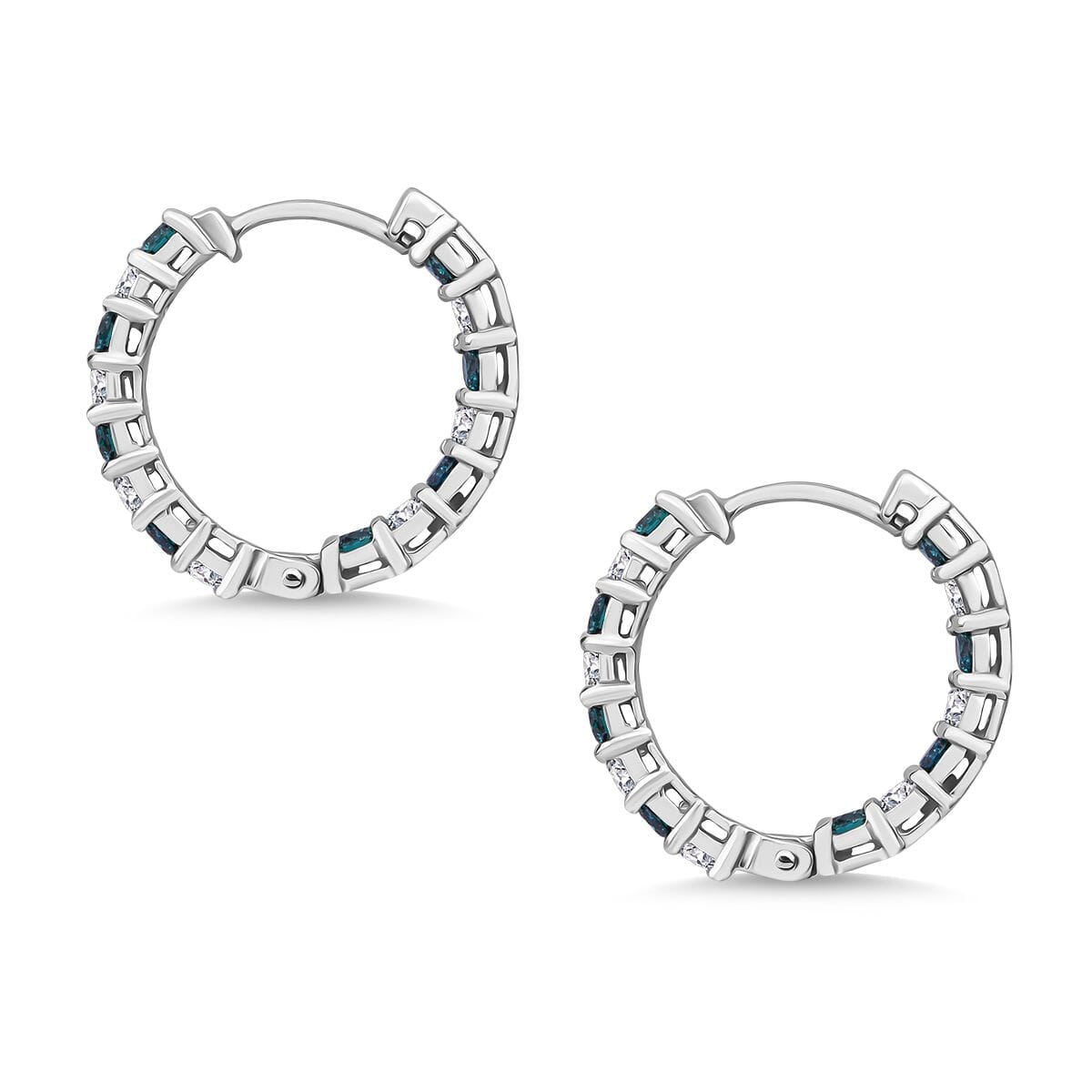 Luxuriant Lab Grown Blue and White Diamond SI 1.85 ctw Midnight Ice Hoop Earrings in Rhodium Over Sterling Silver image number 3
