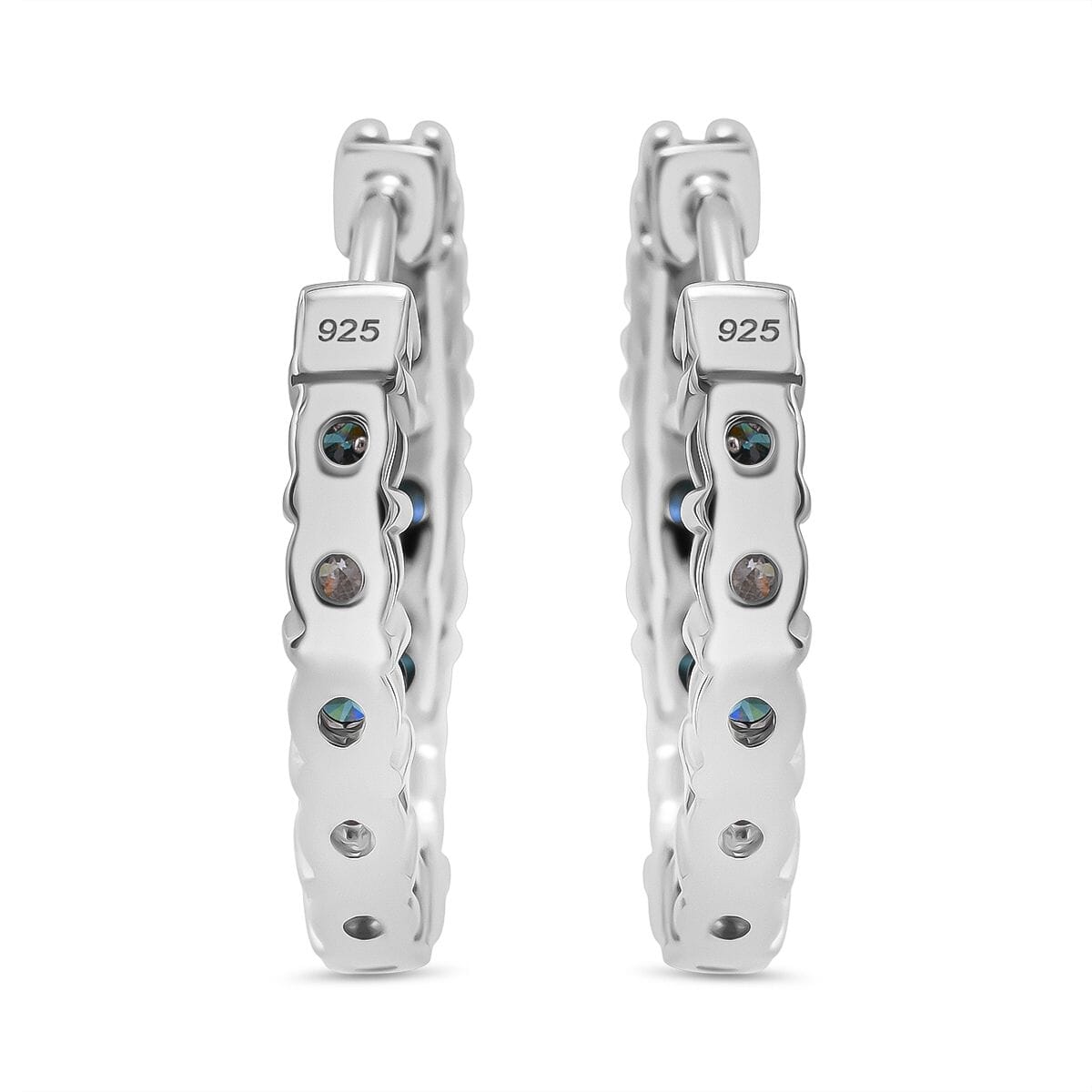 Luxuriant Lab Grown Blue and White Diamond SI 1.85 ctw Midnight Ice Hoop Earrings in Rhodium Over Sterling Silver image number 4