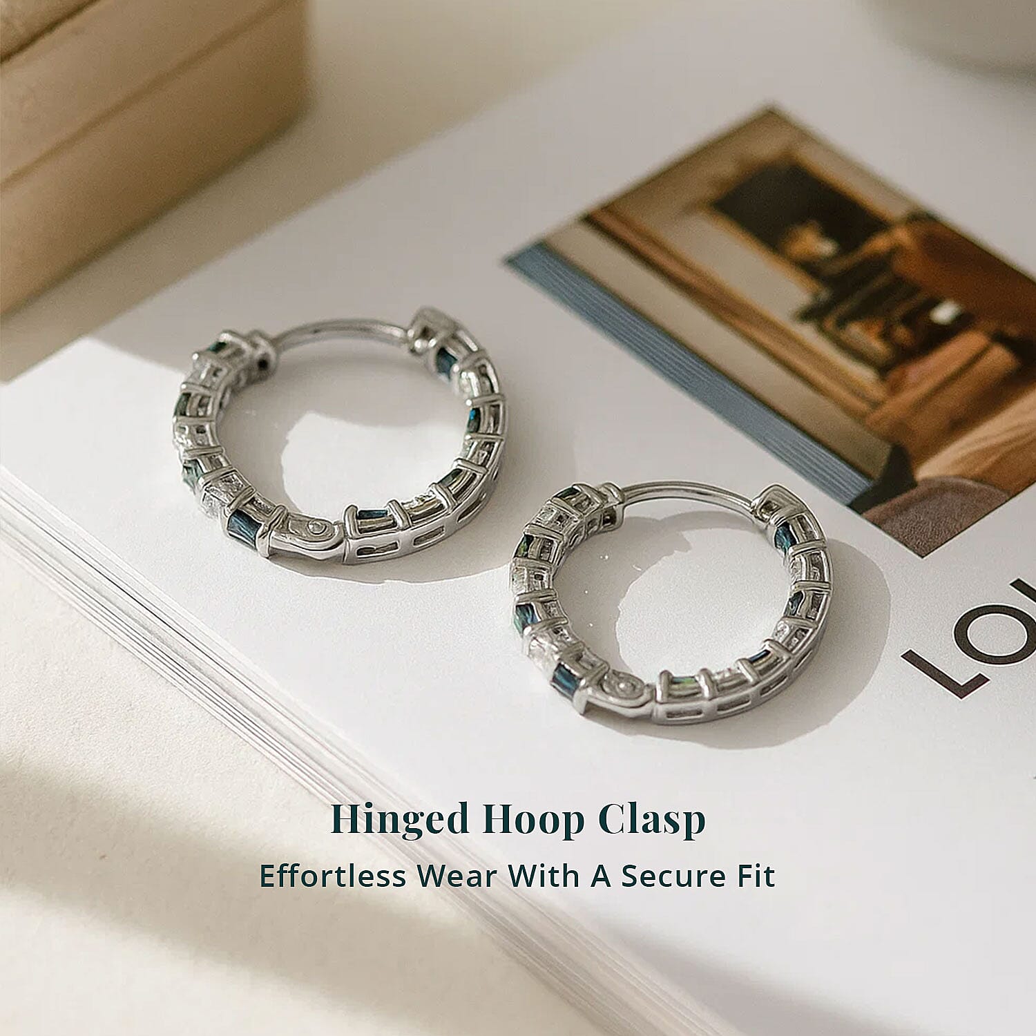 Luxuriant Lab Grown Blue Diamond (IR) and Lab Grown White Diamond SI 1.85 ctw Midnight Ice Hoop Earrings in Rhodium Over Sterling Silver