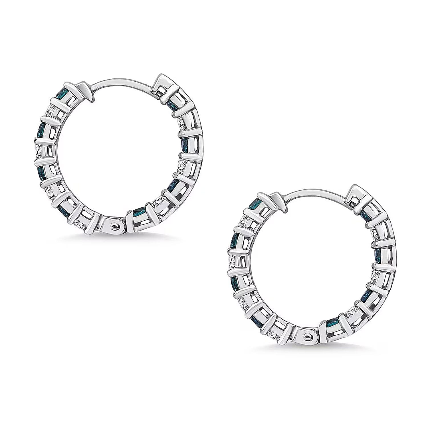 Luxuriant Lab Grown Blue Diamond (IR) and Lab Grown White Diamond SI 1.85 ctw Midnight Ice Hoop Earrings in Rhodium Over Sterling Silver