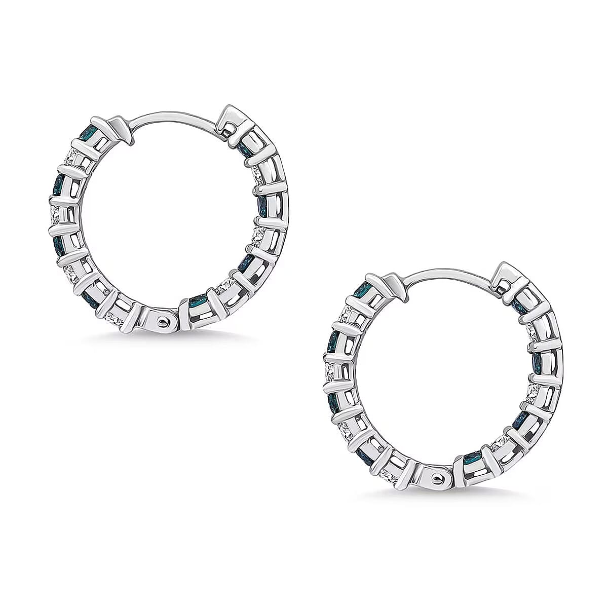 Luxuriant Lab Grown Blue Diamond (IR) a4nd Lab Grown White Diamond SI 1.85 ctw Midnight Ice Hoop Earrings in Rhodium Over Sterling Silver image number 7