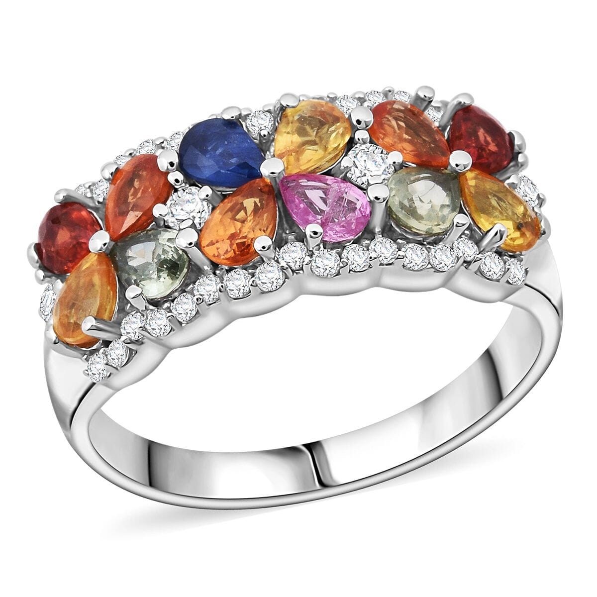 Multi Sapphire and White Zircon 2.50 ctw Sapphire Symphony Ring in Rhodium Over Sterling Silver (Size 10.0) image number 0