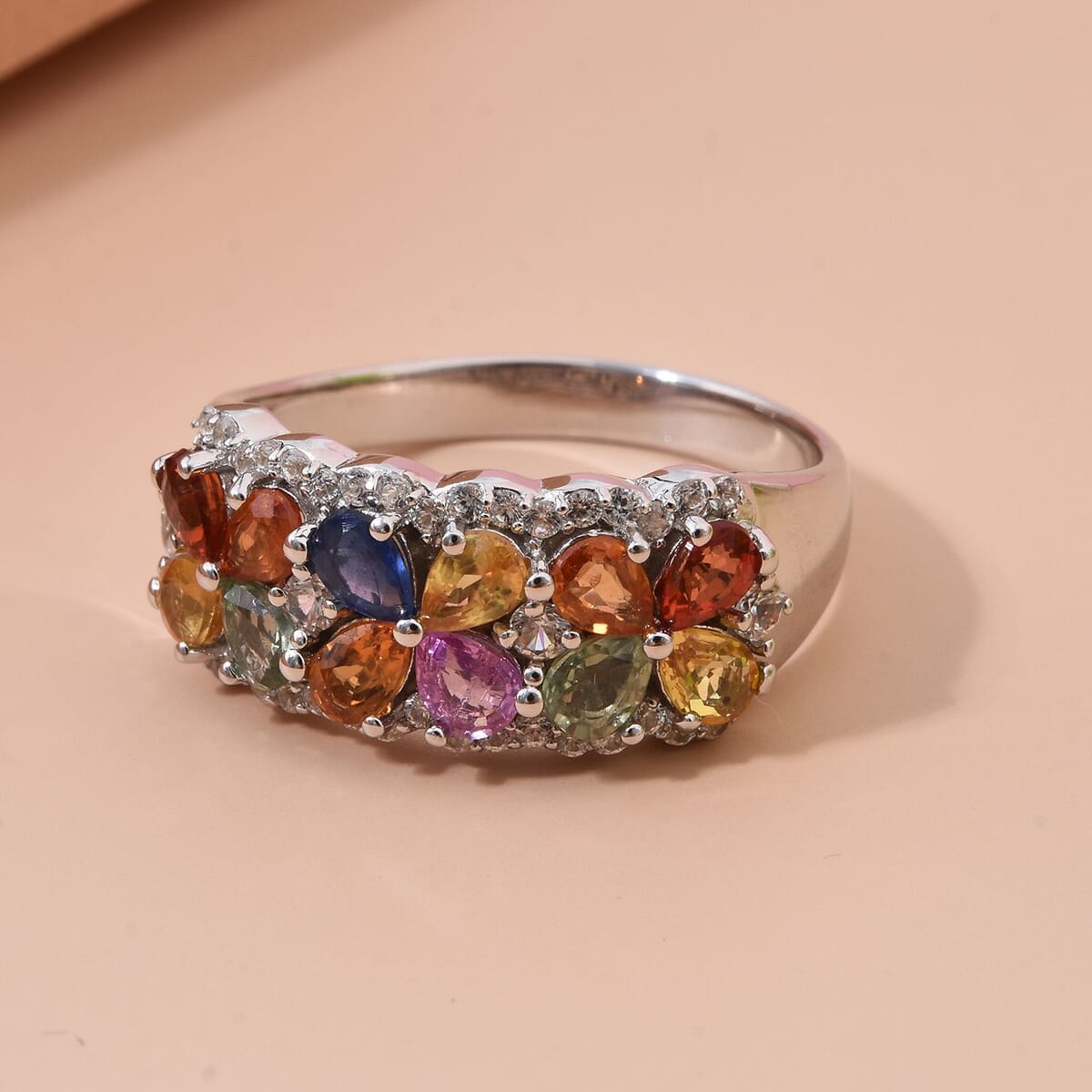 Multi Sapphire and White Zircon 2.50 ctw Sapphire Symphony Ring in Rhodium Over Sterling Silver (Size 10.0) image number 1