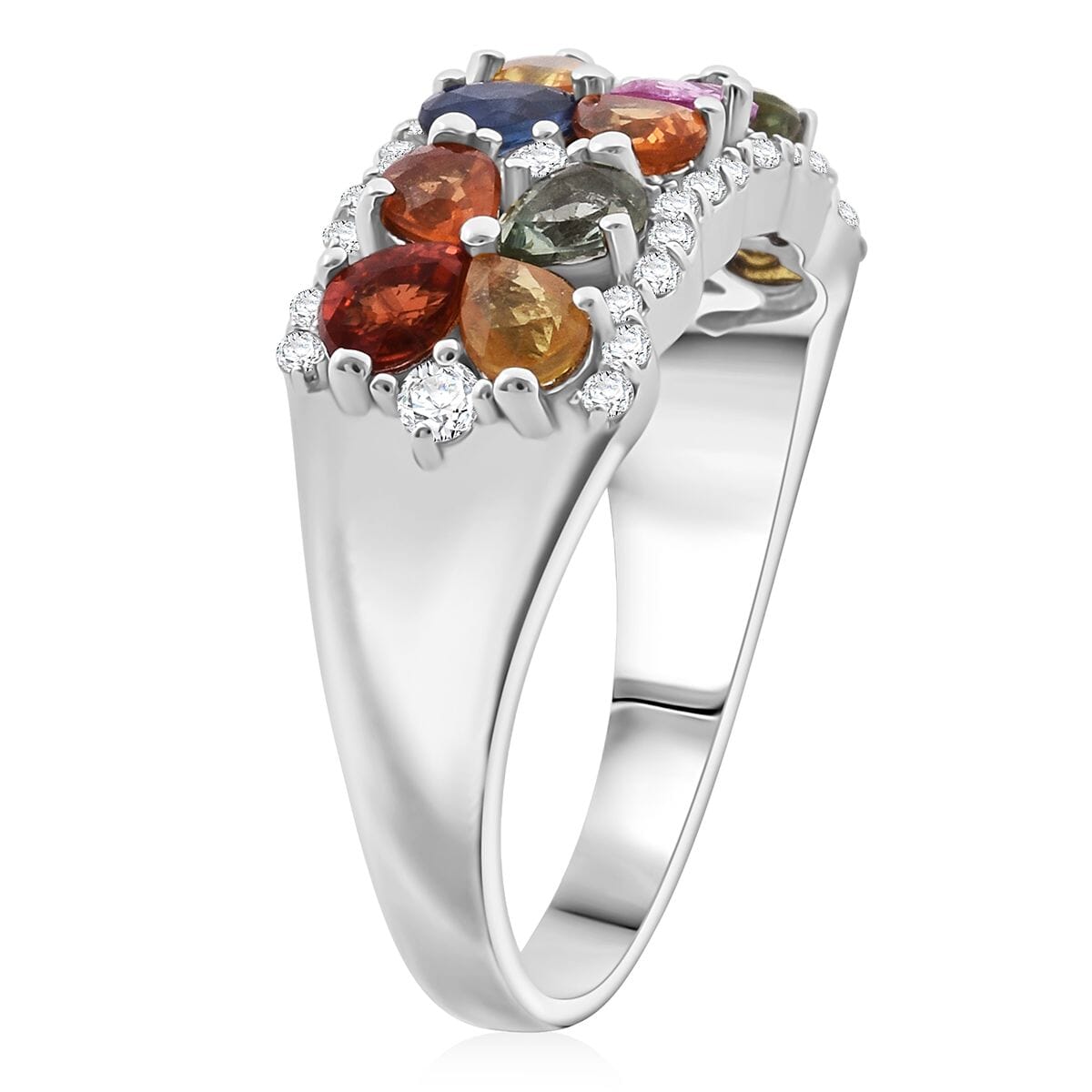 Multi Sapphire and White Zircon 2.50 ctw Sapphire Symphony Ring in Rhodium Over Sterling Silver (Size 10.0) image number 3