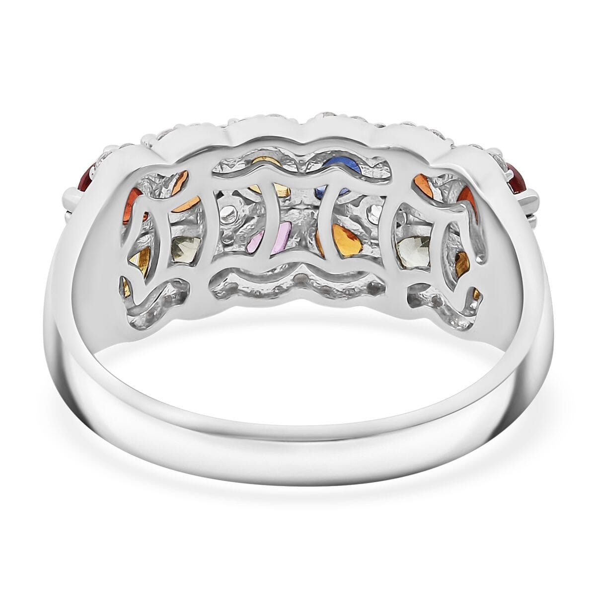 Multi Sapphire and White Zircon 2.50 ctw Sapphire Symphony Ring in Rhodium Over Sterling Silver (Size 10.0) image number 4