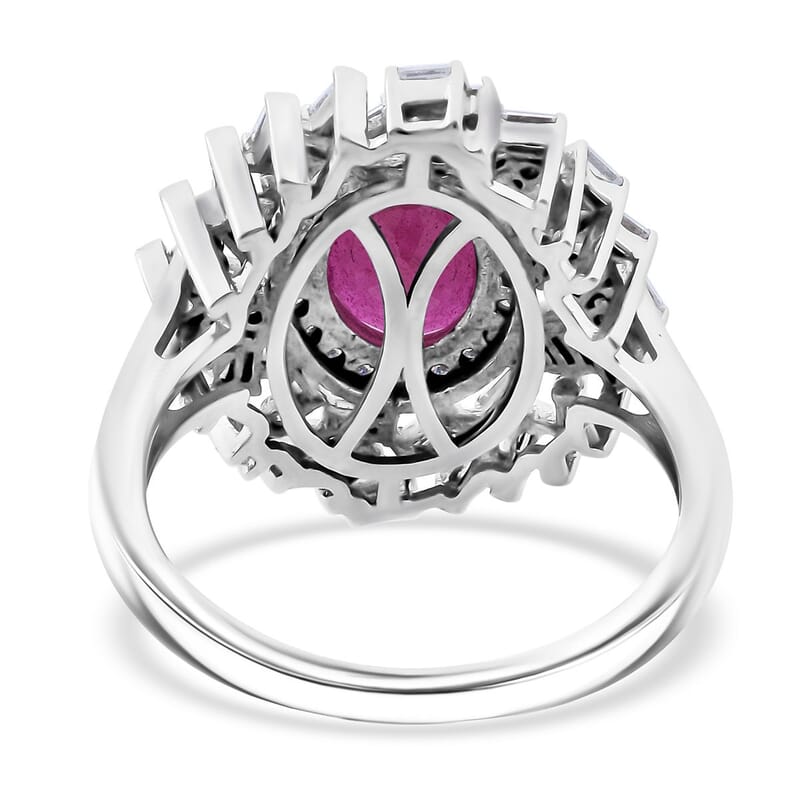 Niassa Ruby (FF) and Moissanite 3.65 ctw Ring in Rhodium Over Sterling Silver (Size 10.0)