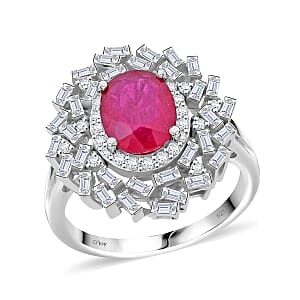 Niassa Ruby (FF) and Moissanite 3.65 ctw Ring in Rhodium Over Sterling Silver (Size 6.0)