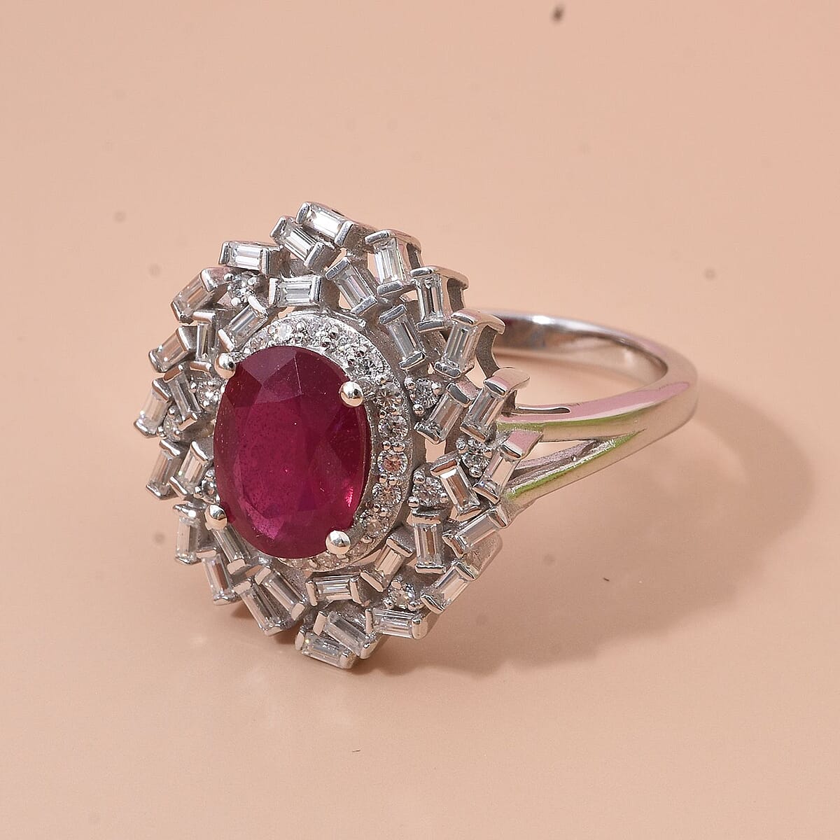 Niassa Ruby (FF) and Moissanite 3.65 ctw Ring in Rhodium Over Sterling Silver (Size 6.0) image number 1