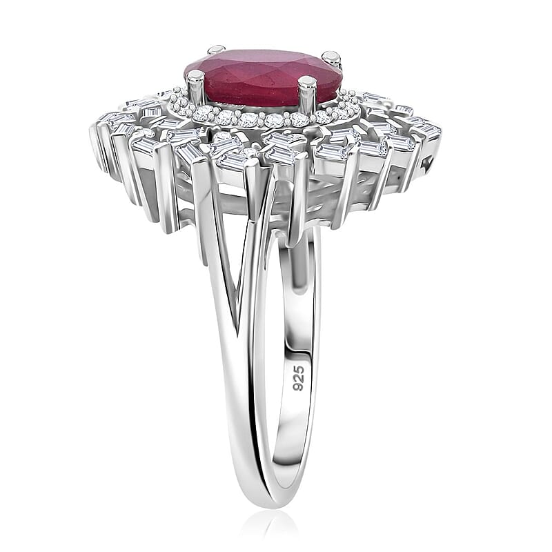 Niassa Ruby (FF) and Moissanite 3.65 ctw Ring in Rhodium Over Sterling Silver (Size 7.0)