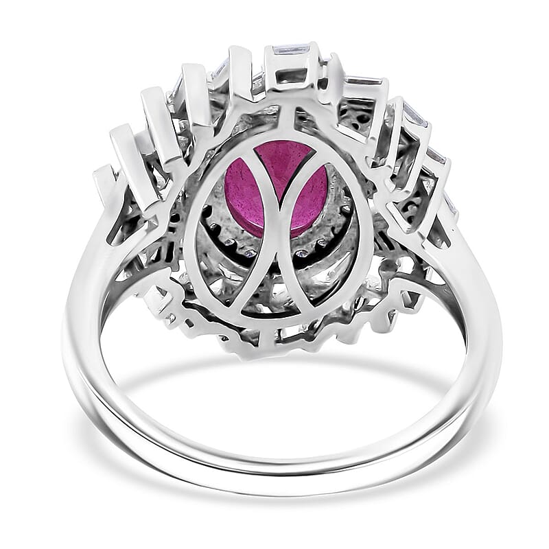 Niassa Ruby (FF) and Moissanite 3.65 ctw Ring in Rhodium Over Sterling Silver (Size 7.0)